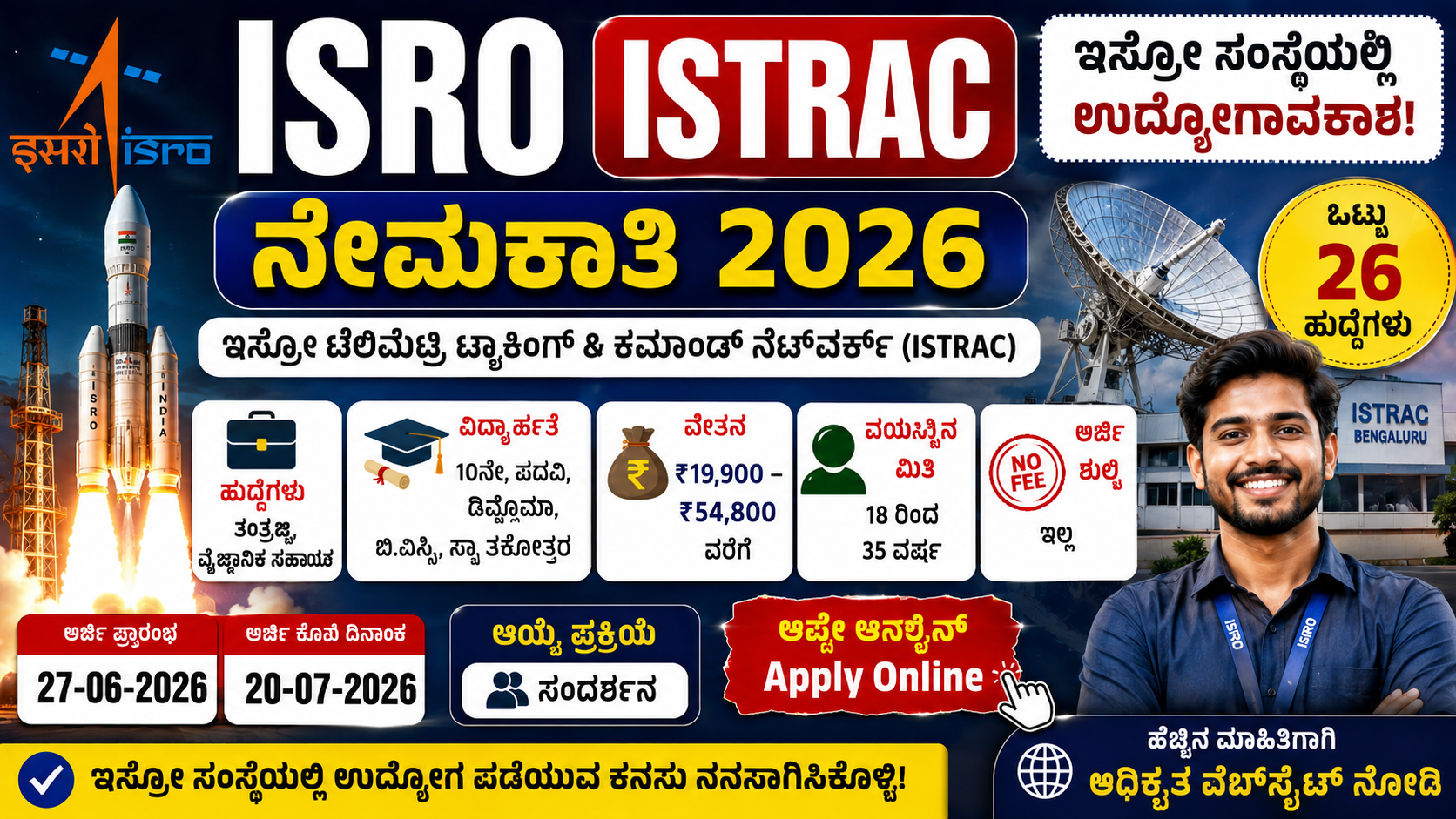 ISRO ISTRAC Recruitment 2026: ಬೆಂಗಳೂರಿನಲ್ಲಿ 26 ಹುದ್ದೆಗಳು – ಅರ್ಜಿ ಶುಲ್ಕವಿಲ್ಲ, 10ನೇ ಪಾಸ್‌ನಿಂದ ಪದವೀಧರರವರೆಗೆ ಅವಕಾಶ