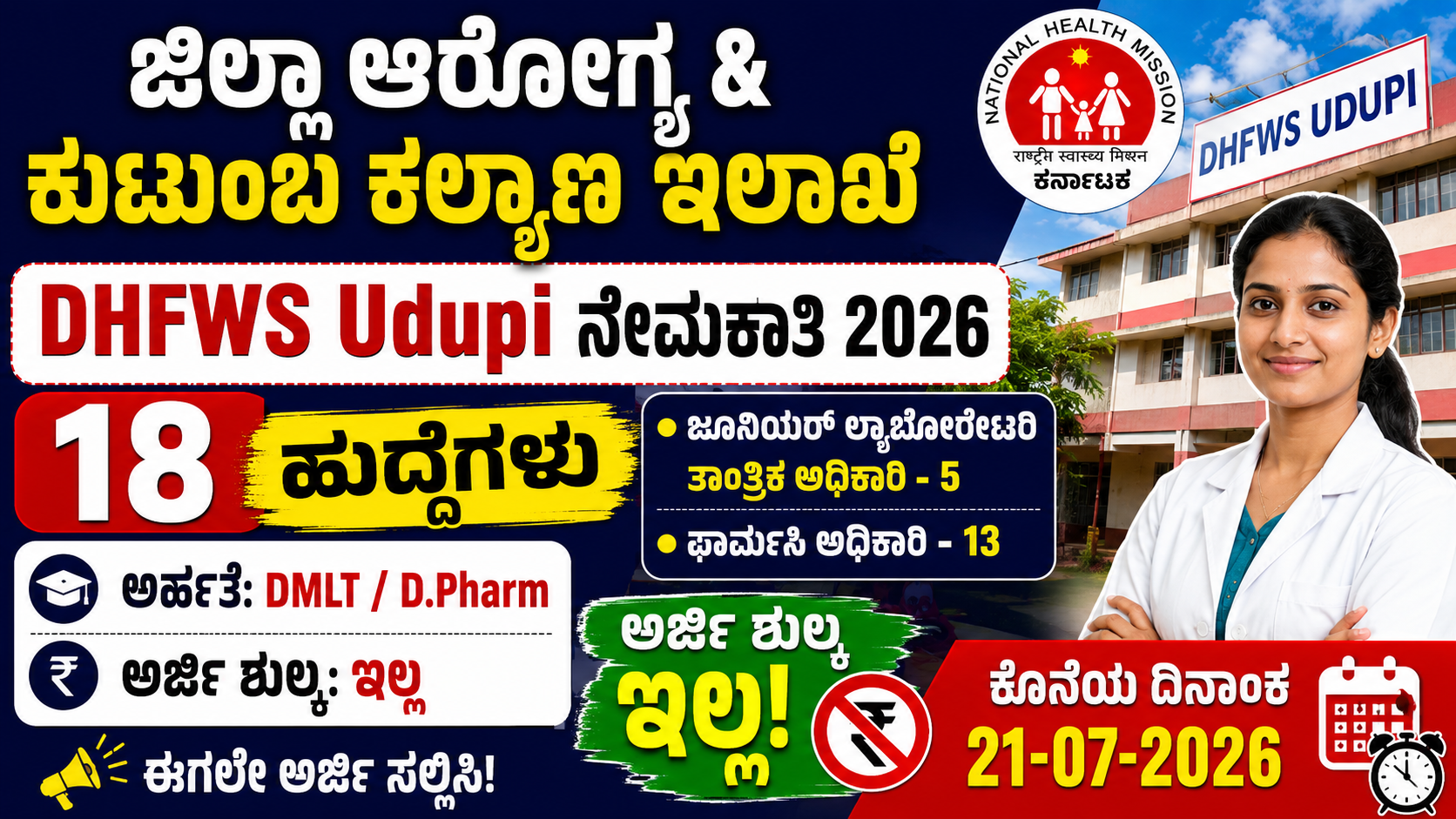 DHFWS Udupi Recruitment 2026: 18 ಆರೋಗ್ಯ ಇಲಾಖೆ ಹುದ್ದೆಗಳ ನೇಮಕಾತಿ – ಅರ್ಜಿ ಶುಲ್ಕವಿಲ್ಲ, DMLT & D.Pharm ಅಭ್ಯರ್ಥಿಗಳಿಗೆ ಅವಕಾಶ