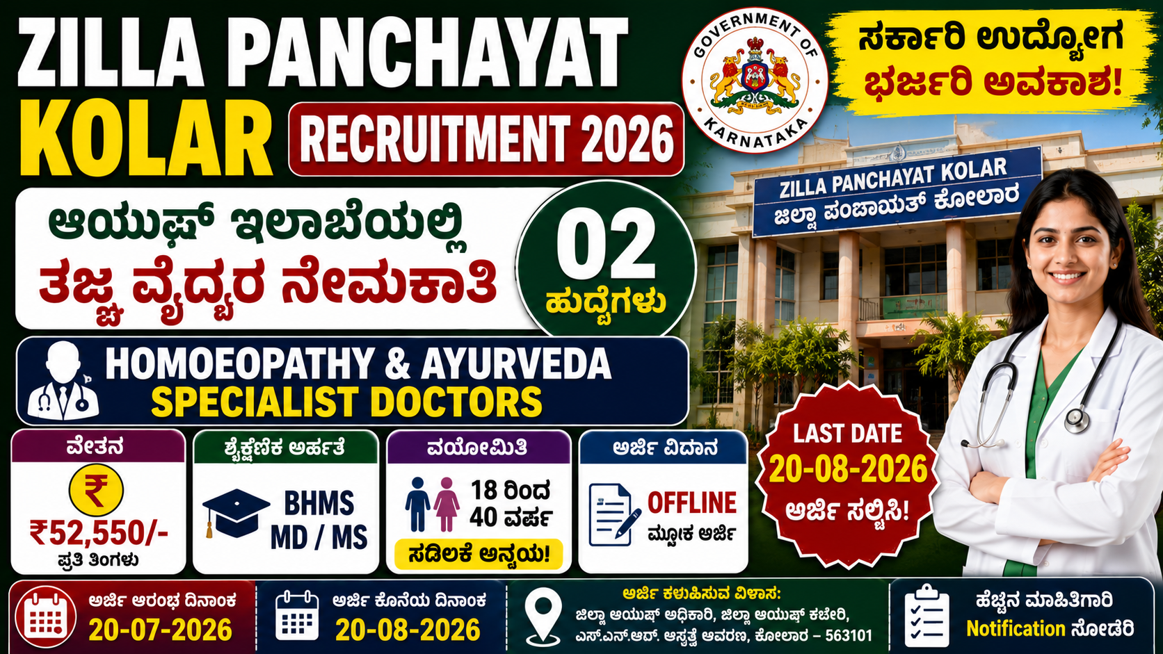 Zilla Panchayat Kolar Recruitment 2026: ₹52,550 ವೇತನದ AYUSH ವೈದ್ಯರ ನೇಮಕಾತಿ | BHMS, MD, MS ಅಭ್ಯರ್ಥಿಗಳು ಅರ್ಜಿ ಸಲ್ಲಿಸಿ