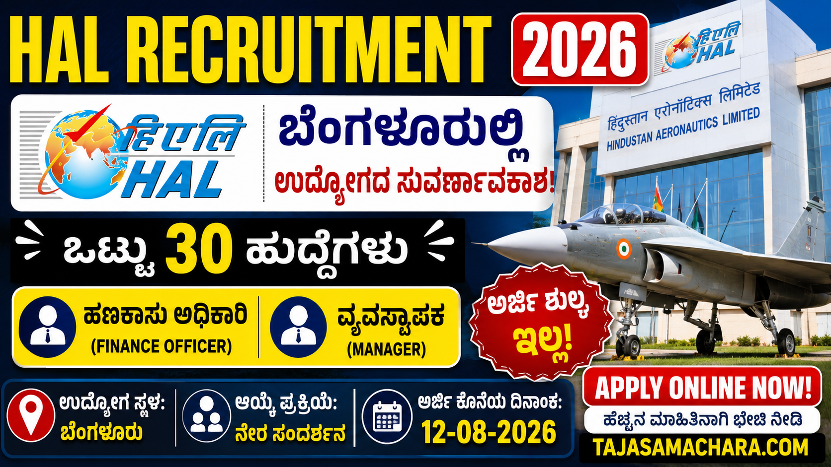 HAL Recruitment 2026: ಬೆಂಗಳೂರಿನಲ್ಲಿ HAL ನಲ್ಲಿ 30 ಹುದ್ದೆಗಳ ನೇಮಕಾತಿ | ಅರ್ಜಿ ಶುಲ್ಕ ಇಲ್ಲ | ನೇರ ಸಂದರ್ಶನ